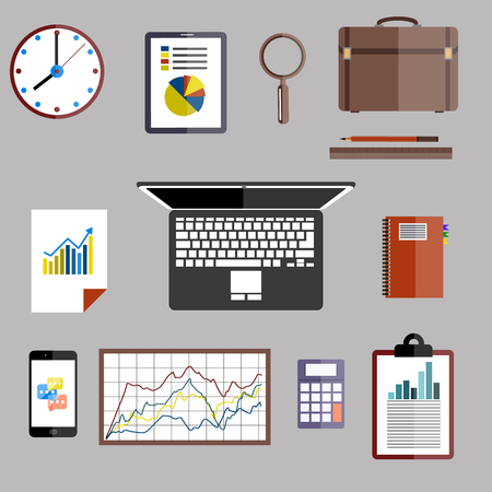 Flat design style modern illustration icons set of office various objects and equipment for work and analysis on rose backgroundのイラスト素材