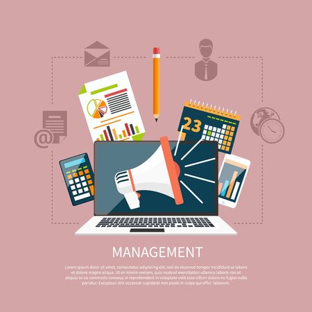 Modern flat icons management objects, business and office items on stylish background. Laptop with megaphone on screenのイラスト素材