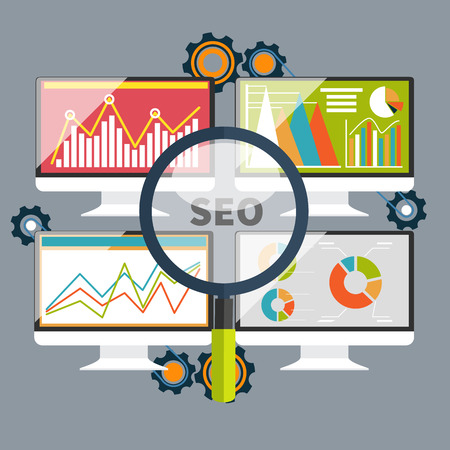 SEO optimization, programming process and web analytics elements in flat designのイラスト素材