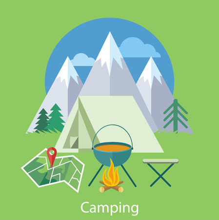 The Camping tent near the fire and mountains in the background with treesのイラスト素材