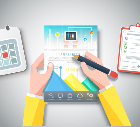 Hands holding infographic business brochure banners analytic, strategyのイラスト素材