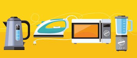 Icon set of home appliance microwave, iron, kettle, blender in flat designのイラスト素材