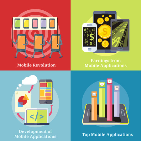 Smartphone with columns rated mobile applications. Top Apps mobile applications. Icon smartphones demonstration with placards and slogans. Dollar money phone concept.  Mobile application development.のイラスト素材