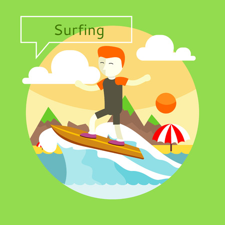 Man surfer on blue ocean wave in tube getting barreled in flat designのイラスト素材