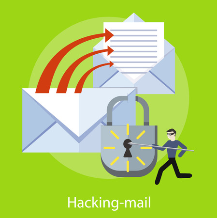 Hacker activity viruses hacking and e-mail spam. Computer crime in flat designのイラスト素材