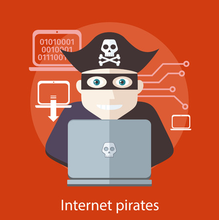 Pirate attacking with a knife a laptop computer as internet pirateのイラスト素材