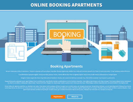 Online accommodation booking concept on modern technology device laptop in flat web designのイラスト素材