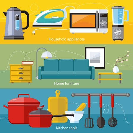 Cooking tools and kitchenware equipment, serve meals and food preparation elements. Business interior. Home appliance microwave, iron, kettle, blender in flat designのイラスト素材