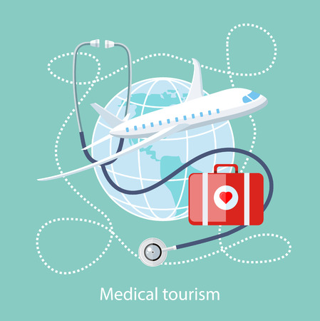 Flat design style modern concept of medical services abroad, along with the rest. Medical stethoscope around the globe, airplane and doctor bag with a red heart. Medical Tourismのイラスト素材