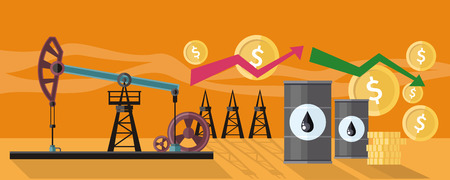 Illustration of oil production. Graphic changes in oil prices on the oil pump yellow field background. For web banners, promotional materials, presentation templatesのイラスト素材