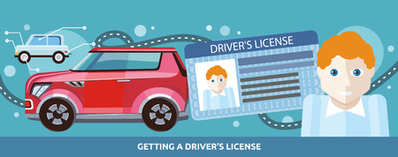 Cartoons man with driver license on the background of modern red car and road. Flat cartoon design style. For web banners, promotional materials, presentation templatesのイラスト素材
