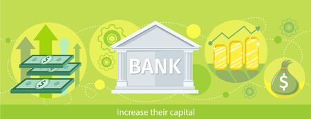 Increase their capital. Detailed horizontal web banner of the bank as a traditional investor on the stylish colored background with notes, diagrams, money. In flat designのイラスト素材