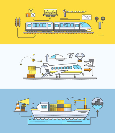 Concept of Freight Forwarding rail by sea and air. Transport delivery, shipping import industry, distribution and logistic, export railway transportation. Set of thin, lines, outline flat iconsのイラスト素材