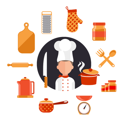 Flat design concept icons of kitchen utensils with a chef. Cooking tools and kitchenware equipment, serve meals and food preparation elements. Chef and tool character. Set of icons on whiteのイラスト素材