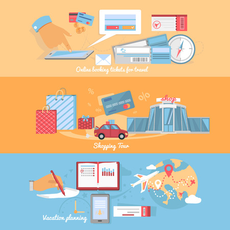 Concept of planning and organization of travel and holidays. Vacation and shopping tour, online booking, adventure planning, tourism organization, globe journey illustrationのイラスト素材