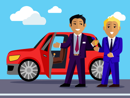 Illustration of a man buys a new car. Automobile sale, sell  transport, dealer and customer,  salesman and vehicle, purchase and seller, buyer and agent illustrationのイラスト素材