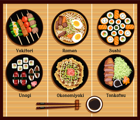 Japanese cuisine set dishes flat style. Yakitori ramen sushi unagi okonomiyaki tonkatsu, dish traditional, fish dinner, delicacy and chopsticks illustrationのイラスト素材