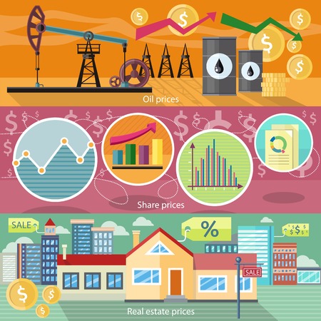 Concept of real estate price of oil and shares. Business graph, finance market, chart and diagram, industry petroleum, arrow financial, building residential house illustrationのイラスト素材