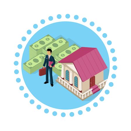 Isometric icon businessman bank cash. Money and currency business finance, exchange and earnings, banknote paying, deposit and economy capital and profit, commerce financial bank, bank building, moneyのイラスト素材