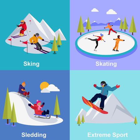 Active winter vacation extreme sports. Sledding and sking, skating and mountain, snow and recreation, travel outdoor, cold and holiday, snowboarder athlete illustrationのイラスト素材