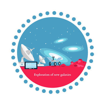 Exploration new galaxies icon flat isolated. Astronomy and universe, cosmos horizon, mission and aerospace industry, future  technology innovation illustrationのイラスト素材