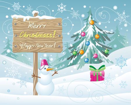 Wooden sign Merry Christmas and Happy New Year.  Xmas celebration, winter season, greeting message, board and snowflake, snow and landscape, snowfall and nature illustrationのイラスト素材