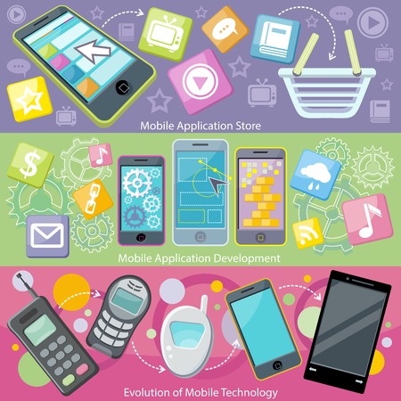 Mobile application store and development. Evolution technology phone, communication digital app, smart device, tablet and software, screen smartphone illustrationのイラスト素材