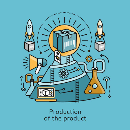 Production of product icon flat design concept. Process business, technology development, management service creative, project manufacturing illustrationのイラスト素材