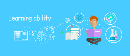 Man learning ability concept design. Strategy education, development business skill, solution work, success learn, motivation teaching, training and illustrationのイラスト素材