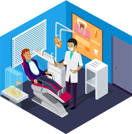 Isometric dentist office during reception patient. Dentistry and doctors office, dentist and patient, dentist chair, dental and medical, health oral, mouth healthcare illustrationのイラスト素材