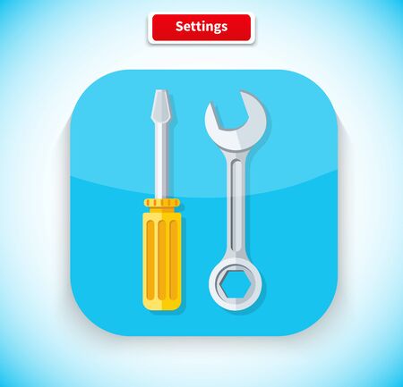 Setting app icon flat style design. Tools icon, web icon, help icon, options icon, repair and wrench, maintenance business, screwdriver and application, setup and installation illustrationのイラスト素材