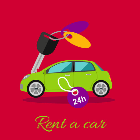 Rent a car. Car rentals by the hour or day 24-7. Green car with a key. Rent a car concept in flat design cartoon style. Car, car rental, rent, car keys, car hire, car leasing, rent a car icon, taxiのイラスト素材