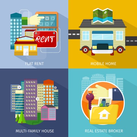 Multi-family house, mobile home, flat rent. Rental estate broker, mobile home park, caravan and manufactured home, trailer home, trailer park, residence construction housing illustrationのイラスト素材