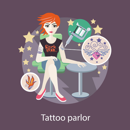 Tattoo parlor flat style design. Tattoo shop, tattoo artist, tattoo studio, tattoo girl, fashion salon, art person, artist and needle, machine for paint illustrationのイラスト素材