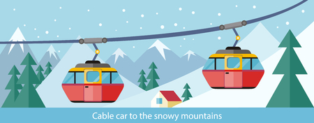 Cable car to snowy mountains design. Ski lift, trolley car, transportation tourism, travel cabin, snow winter, vacation and ropeway, elevator outdoor aerial illustrationのイラスト素材