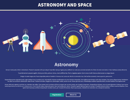 Astronomy and space web page design. Astrology and star, telescope and galaxy, astronomer and planet, science and universe, technology and spaceship, spacecraft illustrationのイラスト素材