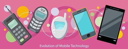 Evolution of mobile technology design flat. Communication telephone, phone modern, cell device, electronic screen, smart and invention, development digital illustrationのイラスト素材