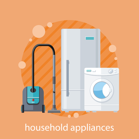 Household appliances flat design. Household items, washing machine, kitchen appliances, equipment and kitchen, machine and stove, cooking domestic, microwave electric illustration bannerのイラスト素材