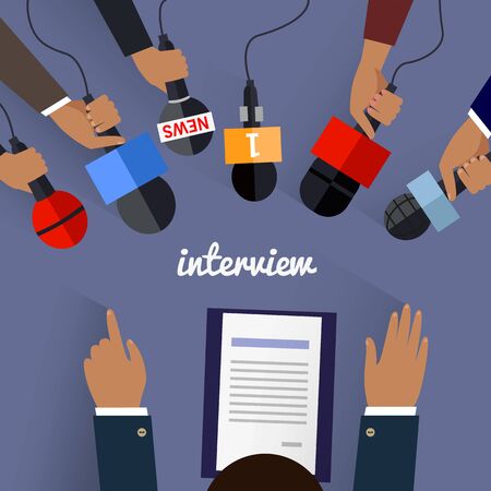 Workspace interview design flat. Job interview, tv interview, interview microphone, business workplace, office table, desk and businessman employment illustrationのイラスト素材