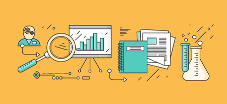 Process research planning and learning. Strategy concept, management plan educate, control, science experience, education and discover, brainstorming and implementation. Set of thin, lines flat iconsのイラスト素材