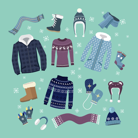 Set of warm winter clothes design. Scarf and winter fashion, winter hat, winter coat, cloth and hat, jacket and glove, coat and boot, outerwear seasonal illustrationのイラスト素材