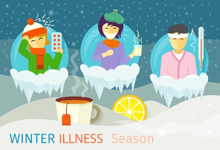 Winter illness season people design. Cold and sick, virus and health, flu infection, fever disease, sickness and temperature, unwell and scarf illustrationのイラスト素材