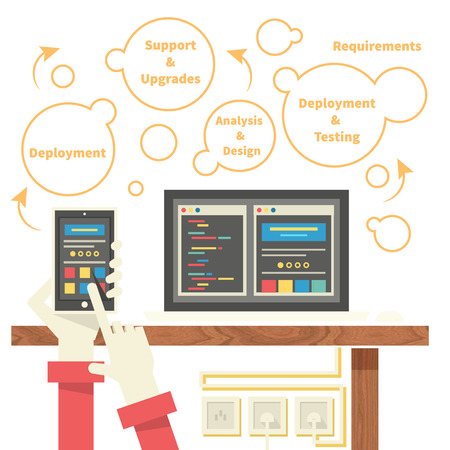 Concept of smart home and control device. Technology device, system mobile automation, monitoring energy power, electricity efficiency, equipment temperature, smart house, remote thermostatのイラスト素材