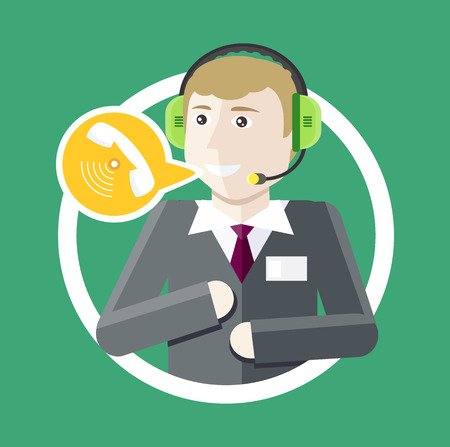 Support icon flat design. Technical support. Service technical business consultant chat communication, internet web online technology, management and contact. Man support operator. Computer technicianのイラスト素材