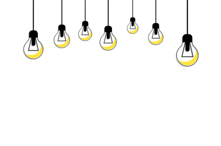 Idea concept background. Glowing yellow light bulb as inspiration concept. Light sign ideas. Vector light bulb icon. Bulb light idea. Creative idea in bulb shape. Bulb icons with idea. New ideaのイラスト素材