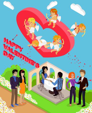 Isometric Valentines day. Isometric family couples love hearts 3d. Little cupids 3d icons. Flirting, wedding and parenting, love, first date. Family together concept. Valentine day people coupleのイラスト素材