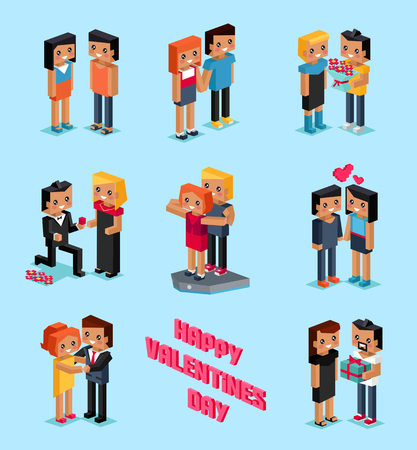 Isometric Valentines day. Isometric family couples love hearts 3d. Little cupids 3d icons. Flirting, wedding and parenting, love, first date. Family together concept. Valentine day people coupleのイラスト素材