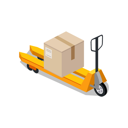 Isometric platform trolleys icon design style. Warehouse and forklift truck, truck and jack, cargo cart, delivery and lift, equipment industry, industrial loader. Isometric platform trolleyのイラスト素材