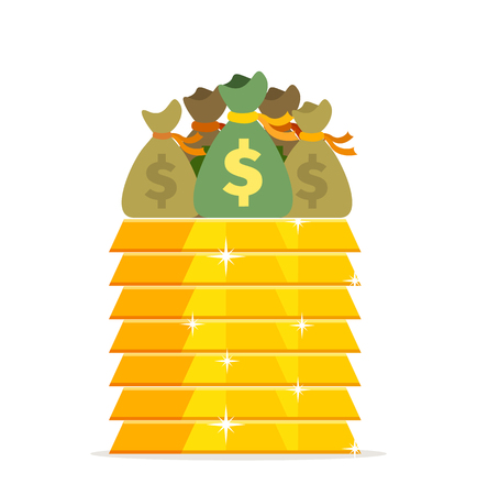 Gold bars and bags of money design flat. Gold bar, cash for gold, old gold money, treasure and gold dollar, bag with gold, wealth golden, currency financial profit gold, investment money illustrationのイラスト素材