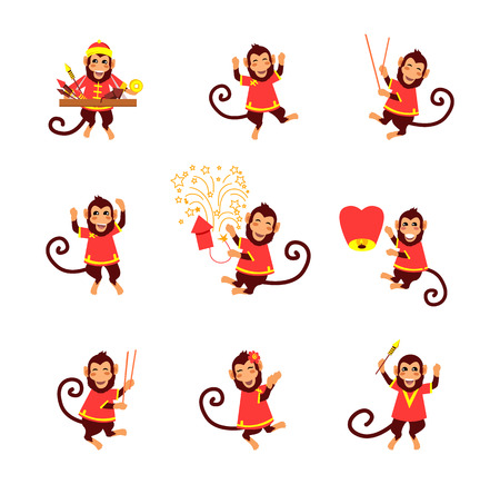 New Year card with monkey. Happy Chinese New Year 2016. New Year monkey. Chinese zodiac monkey. Year of monkey 2016. Chinese New Year greetings. Monkeys in traditional chinese background. Year Monkeyのイラスト素材